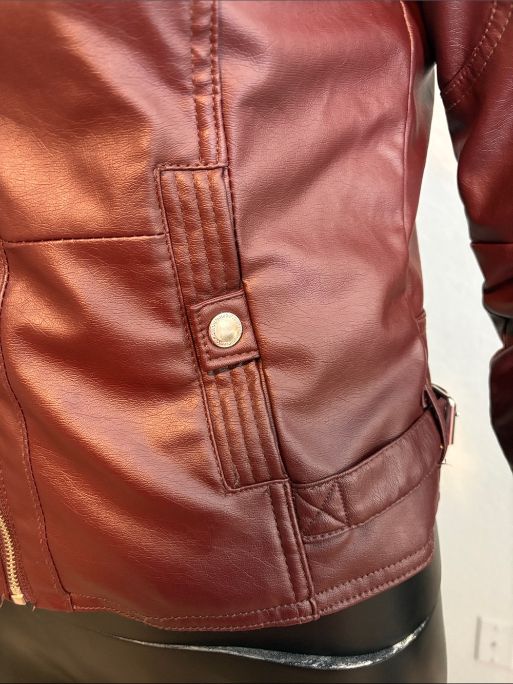 Jou Jou Wine Red Faux Leather Moto Jacket with Silver Zippers - Picture 4 of 10